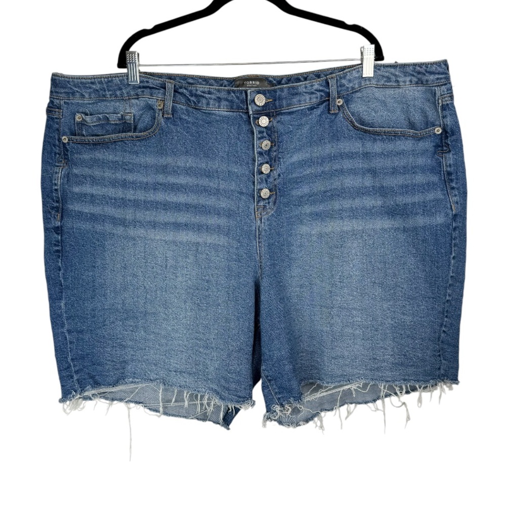 Torrid Womens Cut Off Button Fly Shorts Plus Sz 28 Medium Wash Raw Hem